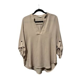 Lush Women’s Beige Dusty Pink V-Neck Roll-Sleeve Blouse Large